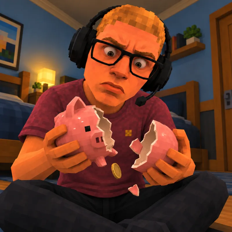 Trencher holding a smashed piggy bank with one coin left