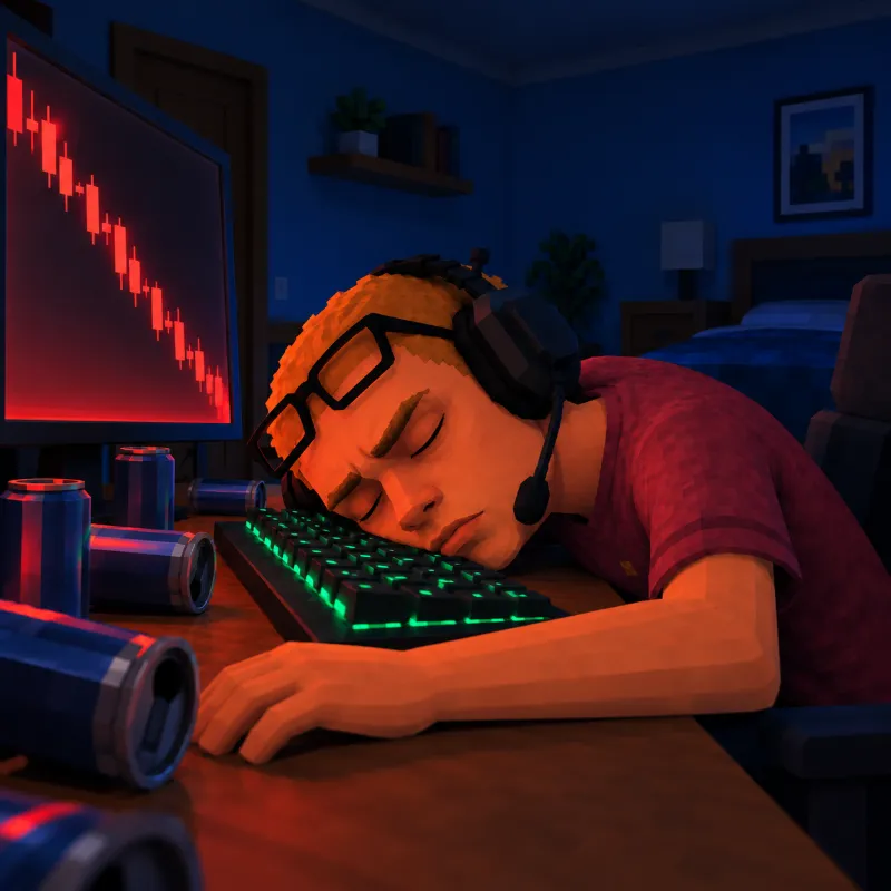 Trencher asleep face down on his glowing keyboard at night